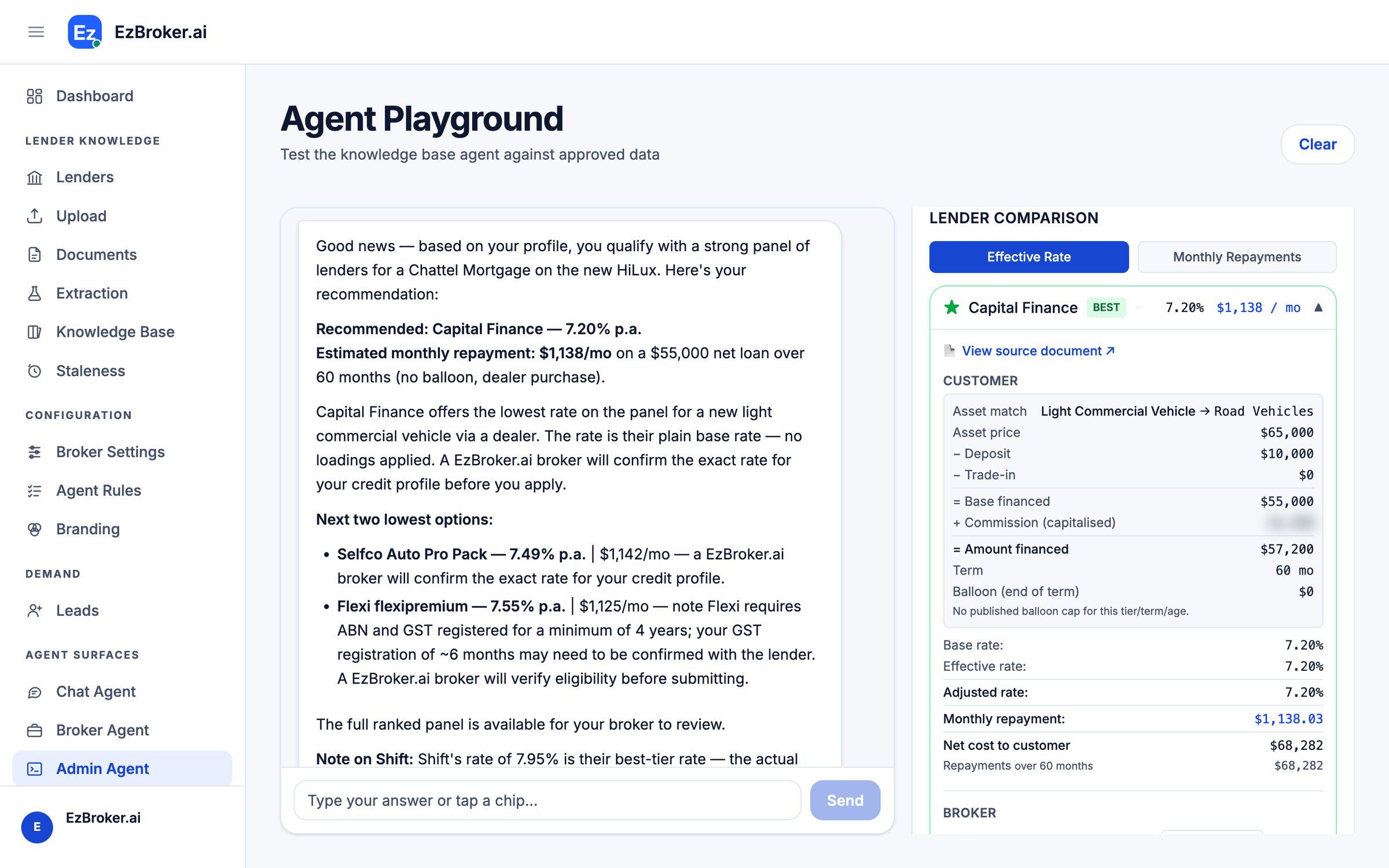Ezi's lender recommendation beside the quote card, with a link to view the source document